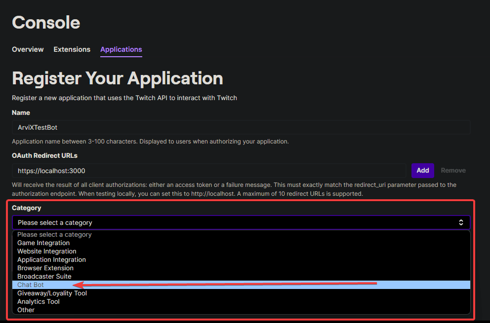 Choose Chat Bot option example